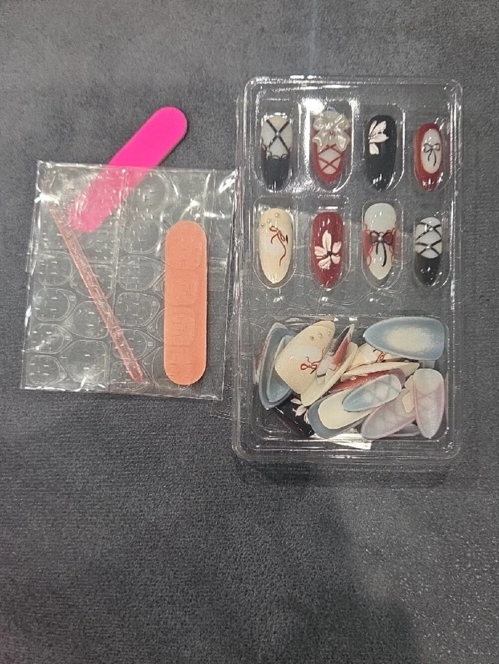 30pcs Y2k Bow Handmade Black Red Press on Nails Medium Almond